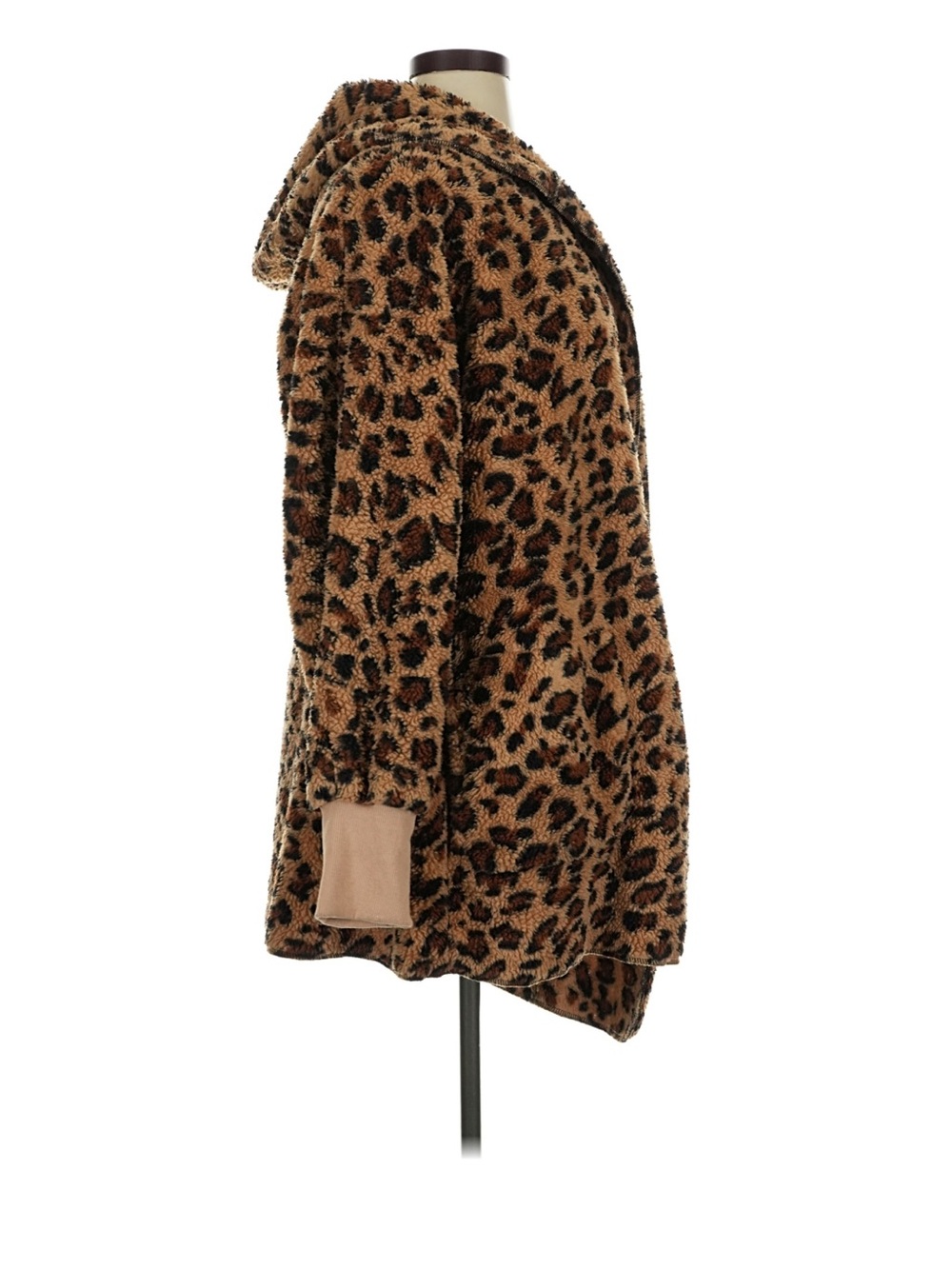 Leopard Print Teddy Jacket - Brown Faux Fur Hooded Coat - Picture 4 of 5